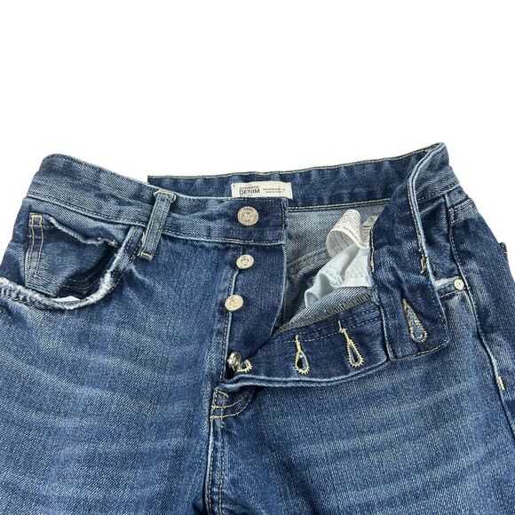 Zara Trafaluc Cropped Straight Leg Jeans Size 4 Denim Blue Pants Slit Distressed - Picture 13 of 13